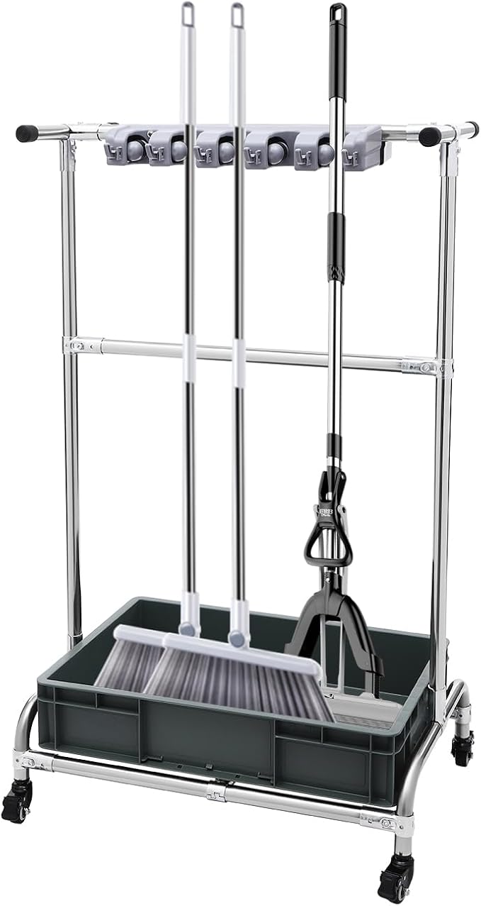 Broom and Mop Holder Put Wet Mops Movable Floor-Mounted Mop Rack Floor Standing Cleaning Tool Cart Storage with 12 Pack and Wheel Broom Holder Organizer for Garden,Garage, Shed, Outdoor