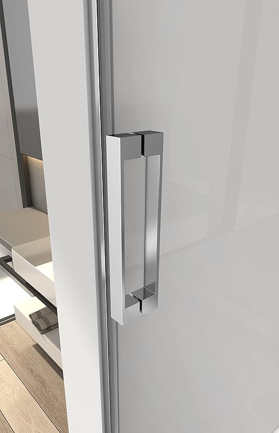 Sunrosa Semi-Frameless Tub Shower Door 59-2/8"60", Single Sliding Shower Door with Handle, Bathtub Shower Door with Tempered Glass, Chrome