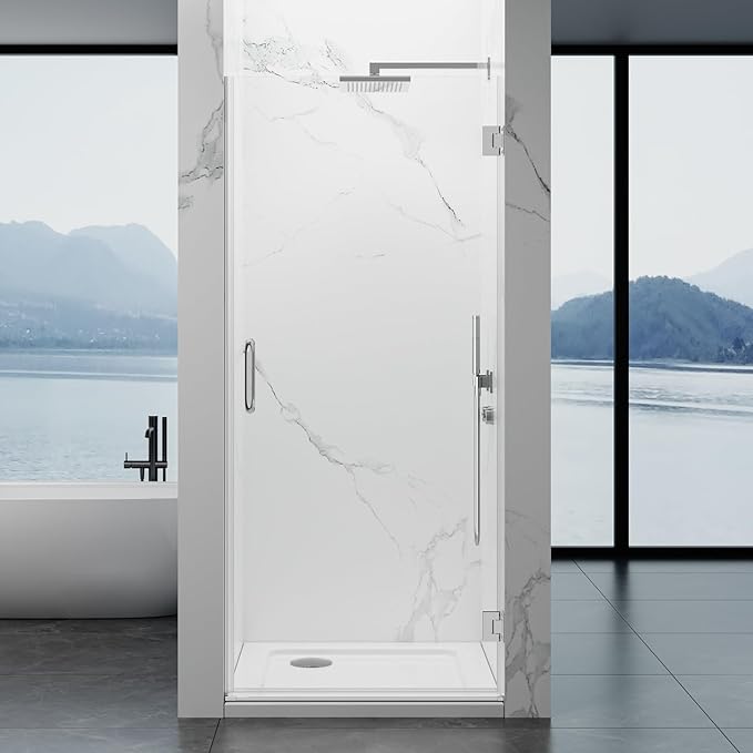 Framelss Hinged Shower Door, 34" W x 76" H Single Swing Pivot Shower Door, 3/8" (10mm) Tempered Glass with Nano Coating, Stainless Handle, Glass Door for Walk-in Shower - Bright Chrome