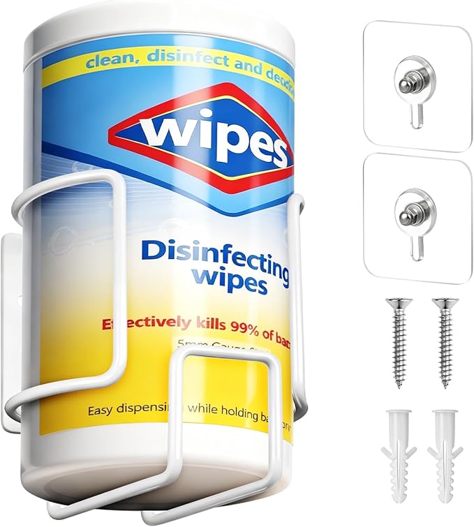 Wall-Mount Wipes Holder, Wipes Dispenser for Surface Cleaning Wipes, 5mm Steel Wire, Easy-Load Design with Strong Adhesive Backing (White, Small)