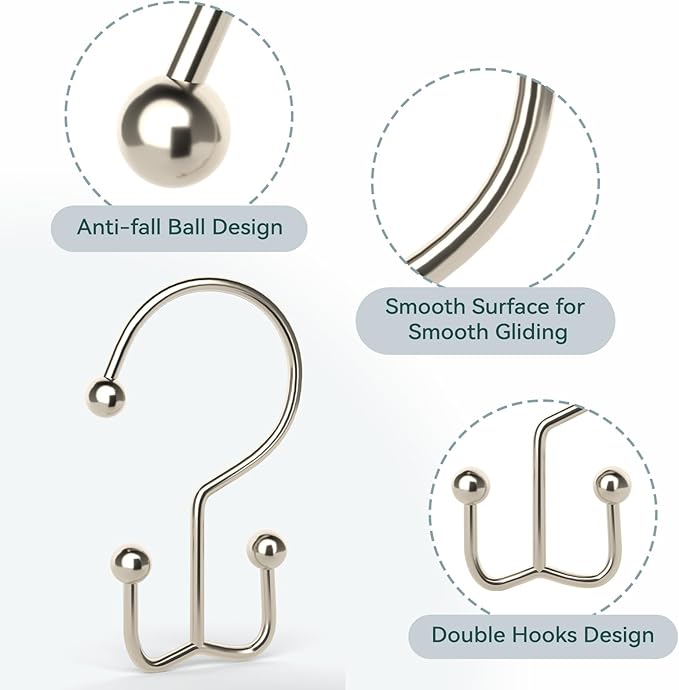 24 Pcs Shower Curtain Hooks, Goowin Shower Curtain Rings, Durable Shower Curtain Rings Rust Proof, Double Glide Shower Rings for Curtain, Simple Shower Hooks for Shower Curtain & Liner, Brush Nickel
