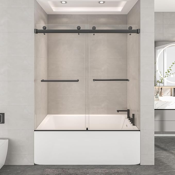 54"-60" W x 60" H Frameless Bathtub Shower Door, Double Sliding Shower Door,5/16"(8mm) Clear Tempered Glass,Bathtub Glass Door with Explosion-Proof Film (Matte Black 60" Wx60 H)