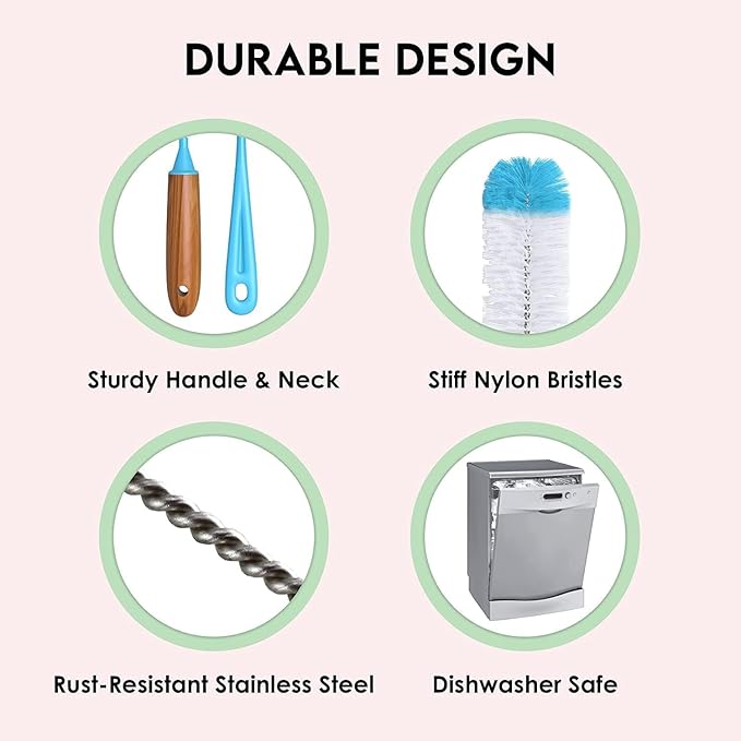 Turbo Microfiber Bottle Brush Cleaner Pack - Set of 5 Bottle Brushes for Cleaning Baby Bottles, Water Bottles, Tumblers, Wine Decanters, Flask, Bong, Vase Cleaner - One Straw Cleaner Brush