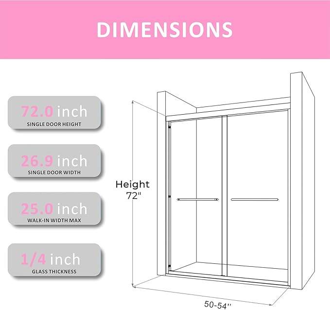 Semi-Frameless Glass Shower Door 50-54'' W x 72'' H with 4'' Adjustable Rail, Bathroom Double Sliding Door with 1/4'' Clear Tempered Glass,Brushed Nickel 304 Stainless Steel Hardware