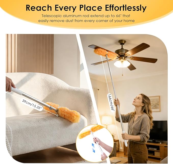 Extendable Duster Kit with 6FT Telescoping Handle & 12 PCS Duster Refills, 360° Disposable Microfiber Pads for Home Cleaning, Ceiling Fan, Blinds, Furniture (Duster Kit (13 PCS))
