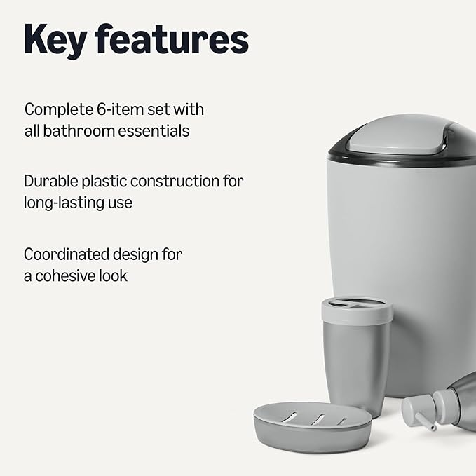 Amazon Basics 6-Piece Bathroom Accessory Set with Toothbrush Holder, Soap Dispenser, Soap Dish, Toothbrush Cup, Trash Can and Toilet Brush & Holder, Grey