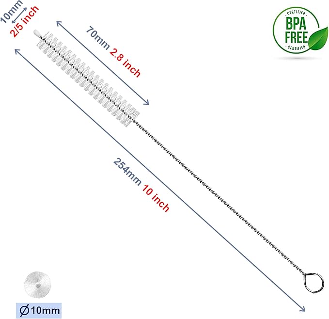 Long Straw Cleaner Brush Extend 10 inch, Wide 10mm diam Pipe Cleaners, Long Brush for Sippy Cup, Water Bottle and Tubes, Drinking Straw Cleaning Brush Set 10 Pack