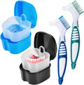 2 Pack Denture Bath Case Cup Box Holder Storage Container with Denture Cleaner Brush Strainer Basket for Travel Cleaning (Light Blue and Black)