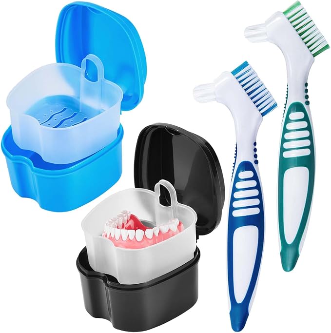 2 Pack Denture Bath Case Cup Box Holder Storage Container with Denture Cleaner Brush Strainer Basket for Travel Cleaning (Light Blue and Black)