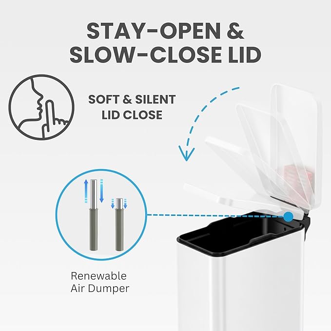 iTouchless 3 Gallon Slim Bathroom Trash Can with Lid & Odor Filter, Soft-Step Steel Pedal Bin for Narrow Spaces, Durable Metal Wastebasket for Powder Room, Nursery, & Minimalist Decor – Matte White