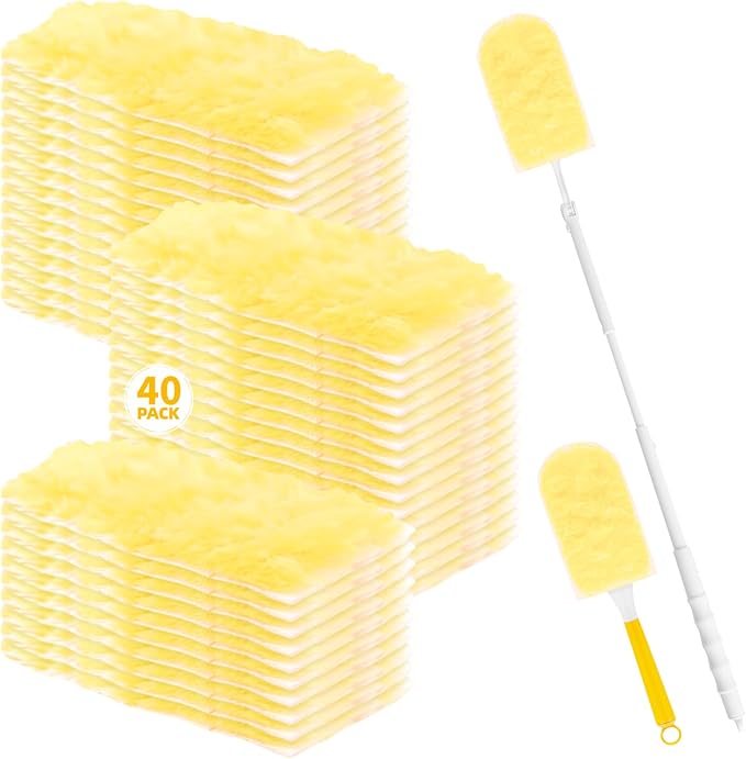 Heavy Duty Dusters Refills, Disposable Dusters Kit Compatible with Swiffer Handles, Multisurface Dusters+1 Extended Handle +1 Handle (Yellow, 360°)