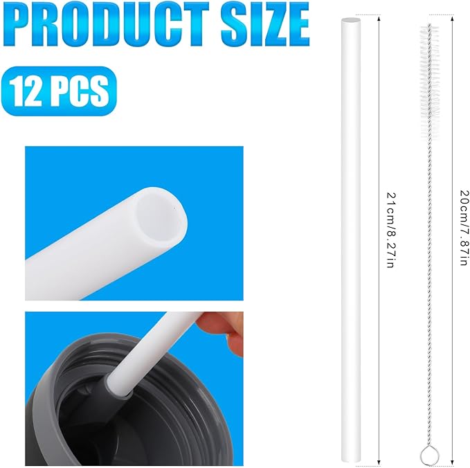 12pcs Replacement Straws for Owala, Reusable Plastic Straws with Cleaning Brush for Owala Water Bottle 24 oz 32 oz (White)