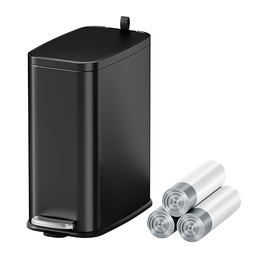 1.6 Gallon Black Bathroom Step Trash Can with Lid, Soft Close, Small Stainless Steel Garbage Can with Removable Inner Bucket, Includes 60 Trash Bags