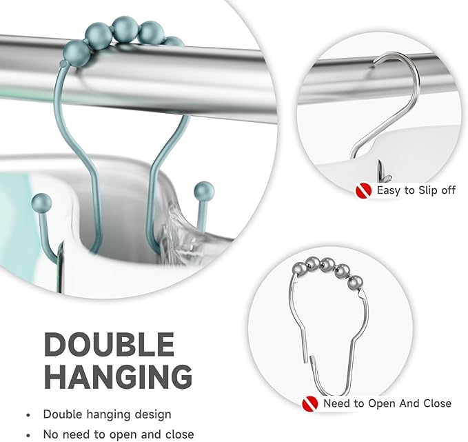 Shower Curtain Hooks, Shower Curtain Rings Rust Proof Double Hook Shower Curtain Hooks, 12 Pcs Shower Hooks for Shower Curtain, Shower Rings for Curtain, Metal Shower Rod Hooks Lightcyan