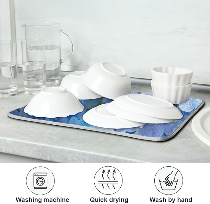 Tarity Blue Hydrangeas Dish Drying Mat for Kitchen Counter Absorbent Heat Resistant Microfiber Dishes Drainer Mat 16x18 in Dish Pad Sink Mat Protective Pad Kitchen Decor