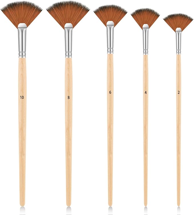 Fan Brush for Painting, 5 Pcs Artist Fan Paint Brushes Professional Anti-Shedding Nylon Hair Painting Brush with Long Wood Handle Drawing Supplies for Watercolor Oil Acrylic Painting