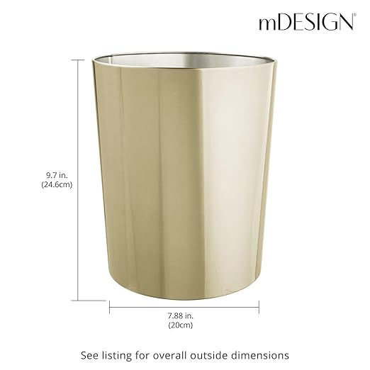 mDesign Round Metal Small 1.7 Gallon Recycle Trash Can Wastebasket, Garbage Container Bin for Bathrooms, Kitchen, Bedroom, Home Office - Durable Stainless Steel - Mirri Collection - Soft Brass