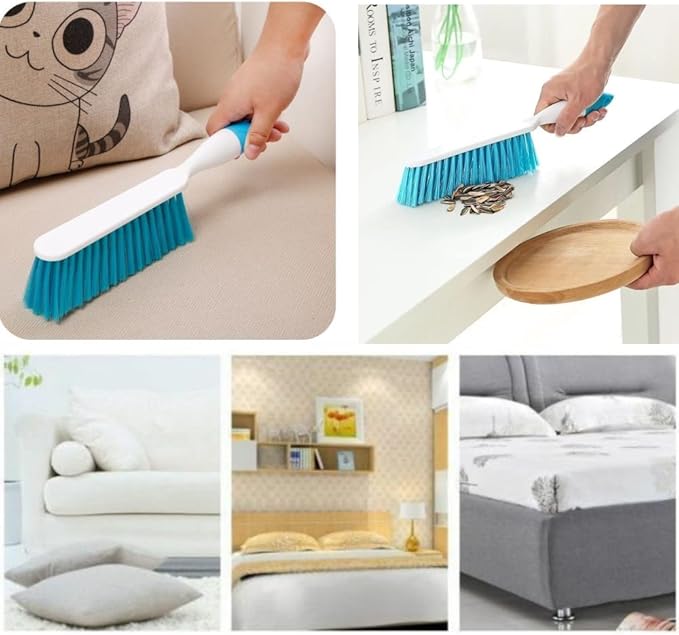 Jilukibo 2 Pack Soft Bristle Bed Sheets Sweeping Cleaning Brush with Plastic Handle, Blue, Rose Red