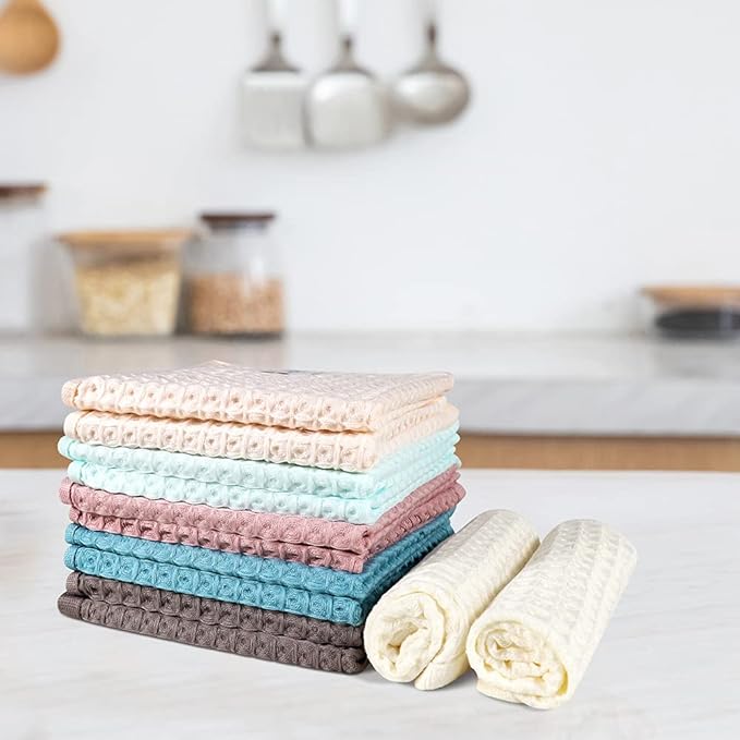 12 Pcs 13" x 13" Waffle Weave Kitchen Dish Cloths Set, 100% Cotton Super Absorbent Dish Towels for Washing Dishes & Drying, Multi Color