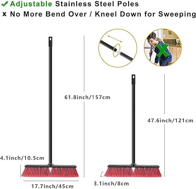18" Push Broom Outdoor Heavy Duty, Snow Broom with Long Handle, Shop Broom Garage Push Broom for Garden, Patio, Garage, Bathroom, Kitchen, Tub, Carpet, Tile, Deck, Concrete, Industrial (RED)