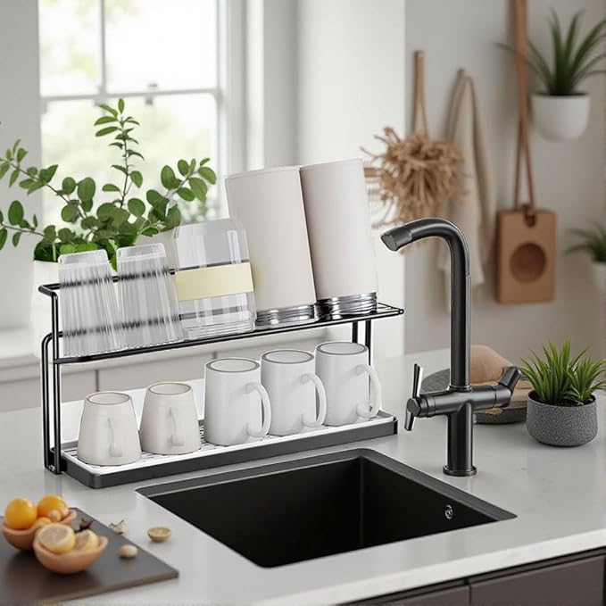 Water Bottle Drying Rack Cup Storage with Drain Tray Mug Organizer for Kitchen - 2 Tiers (Black)