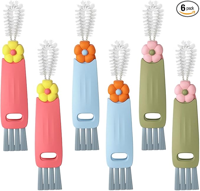3 in 1 Cup Lid Cleaning Brush Set for Bottle Gap Tight Spaces Cup - Multifunctional Cleaning Brush Portable Crevice Cleaning Tools - Cup Mouth Scrubber Cup Lid Cleaner with Flower Design (6PCS)