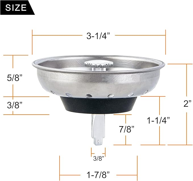 2 PCS Kitchen Sink Strainer and Stopper Combo Basket Replacement for Standard 3-1/2 inch Drain,Stainless Steel Basket with Rubber Stopper Bottom