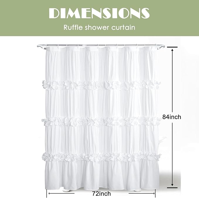 Victorian Ruffle Shower Curtain, Vintage Handcrafted Bow Tie Bath Curtain for Master Bathroom, Ruched Microfiber Bathroom Curtain with 12 Buttonholes, 72" W x 84" H, White (LQ-10)