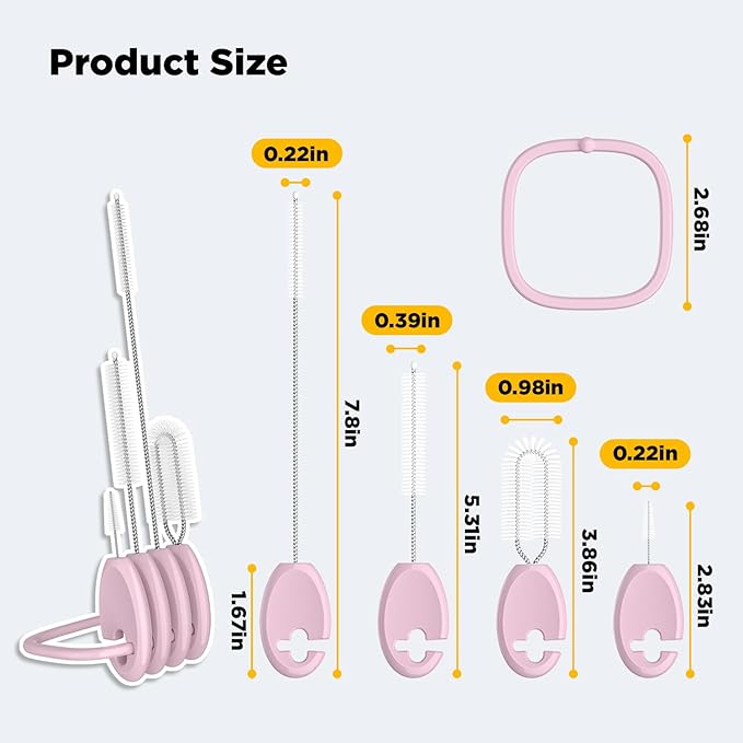 Baby Straw Brush Set, 4 Piece Cleaner Kit with Standable Key Ring, for Sippy Cups, Weighted Straw Cups & Baby Bottles – Designed for 0–24 Months, Pink