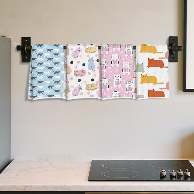 Hanamiya Na 4Pcs Cute Cat Kitchen Towels, Whimsical Decorative Absorbent Microfiber Dish Cloth Tea Towel, Durable Hand Towels for Farmhouse Home Bathroom, Cat Lover Gifts 2