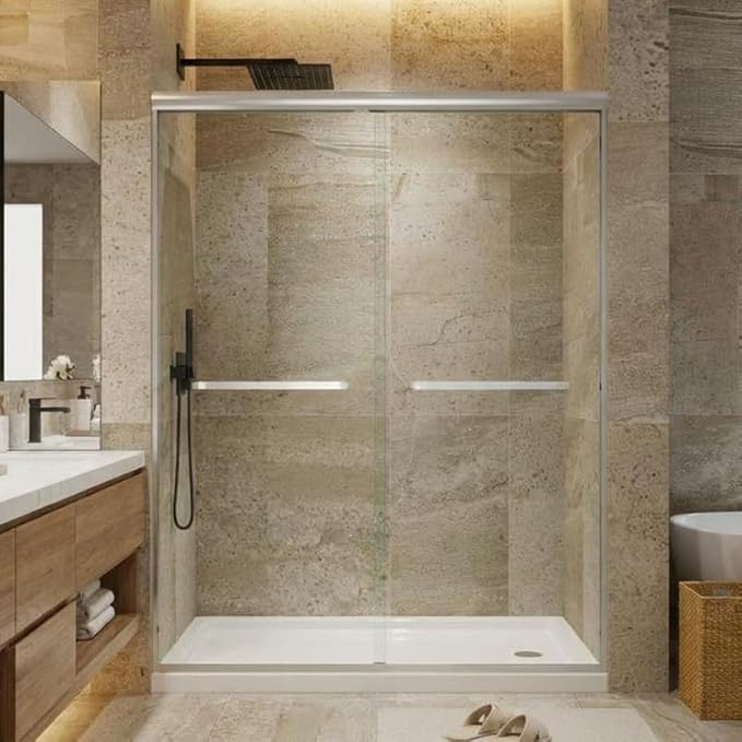 Aluminum Alloy Sliding Shower Door, Adjustable 50"-60" W x 72" H with Dual 8mm (5/16") Tempered Glass Panels & Coating, Brushed Anodized Aluminum Frame, Brushed Nickel Square Track