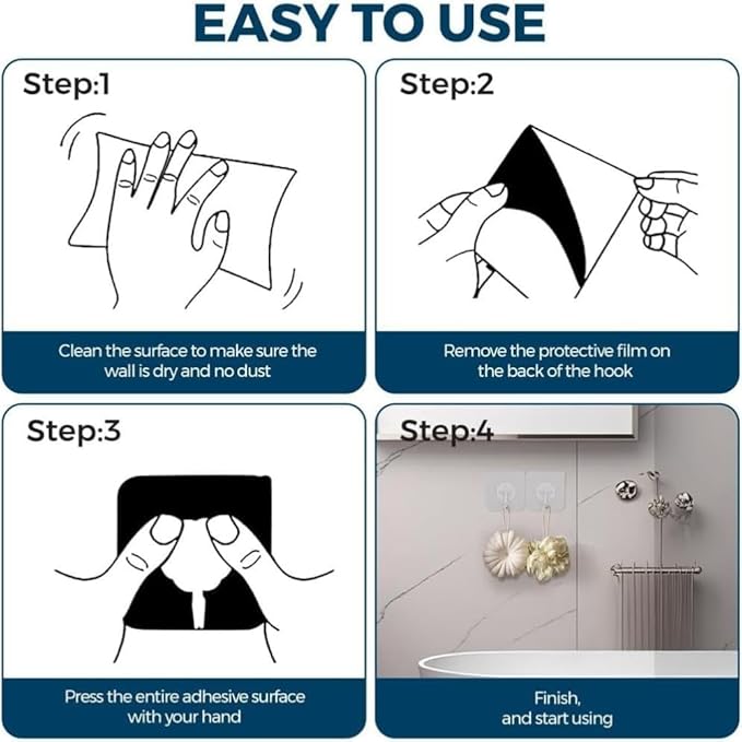 24 PCS Self Adhesive Hooks for Hanging - 33lbs Max, Transparent Stick on Hooks for Coat & Towel - Sticky Hooks for Hanging Heavy Duty Picture, No Damage Wall Hook for Bathroom, Kitchen, Ceiling & Key