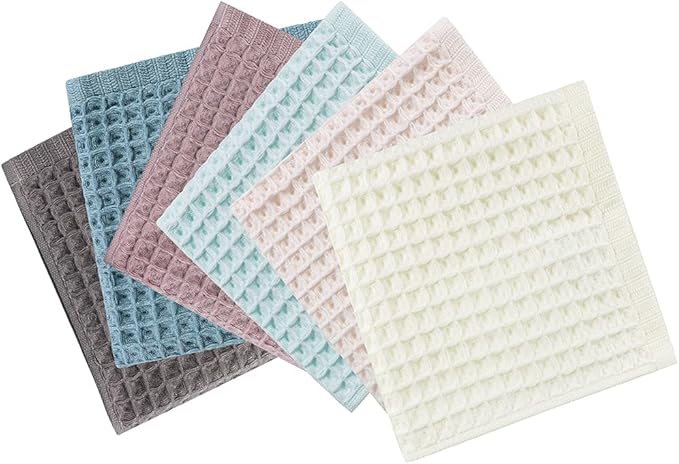 6 Pack Waffle Weave Dish Cloths, 13x13 Inch 100% Cotton Kitchen Towels for Washing Dishes - Super Absorbent, Quick Drying Dish Rags (Mixed Colors)