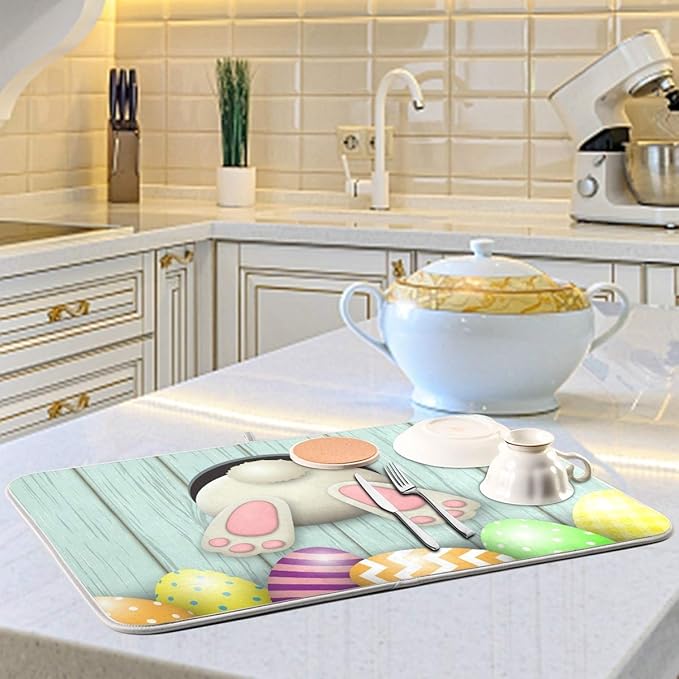 Happy Easter Eggs Bunny Tail Dish Drying Mat 18x24 for Kitchen Easter Day Rabbit Flowers Dishes Pad Dish Drainer Rack Mats Absorbent Fast Dry Kitchen Accessories