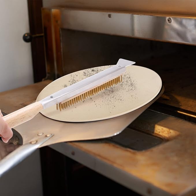 ZEAYEA 21 Inch Pizza Oven Brush with Scraper, Brass Bristles, Copper Wire Pizza Stone Cleaning Brush for BBQ Grill Cleaning, Outdoor Oven Accessories