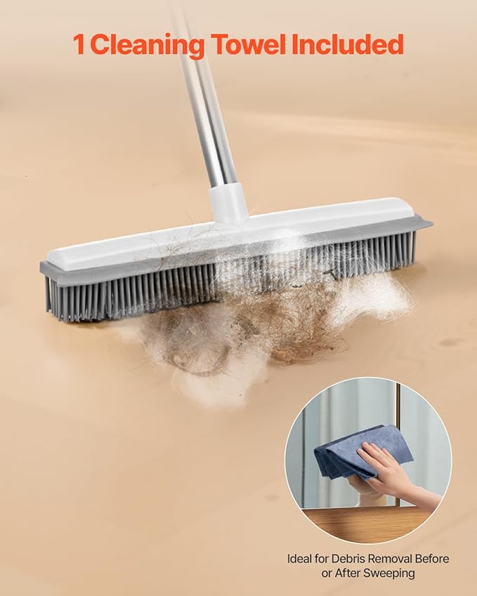 VEVOR Pet Hair Removal Broom, 58.46 in Adjustable Long Handle, Rubber Broom with Built in Squeegee Reusable Dog Cat Hair Remover, for Couch Furniture Hardwood Floor Tile