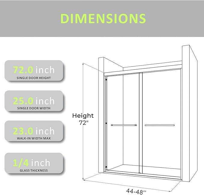 Shower Doors Glass Sliding 44-48 inch W x 72 inch H Bathroom Shower Enclosure Brushed Gold Finish,1/4" Tempered Certified Clear Glass Semi-Frameless Shower Glass Door