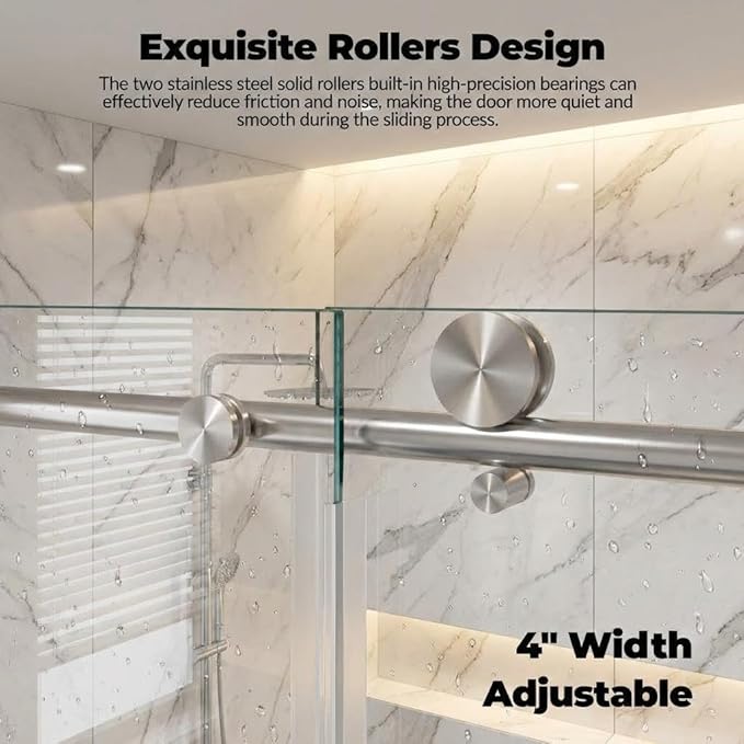 Frameless Shower Door, 44-48" W x 76" H Sliding Glass Shower Door, 5/16" (8mm) SGCC Thick Tempered Clear Glass with Explosion-Proof Film Coating, Stainless Steel Hardware, Brushed Nickel Round Ra