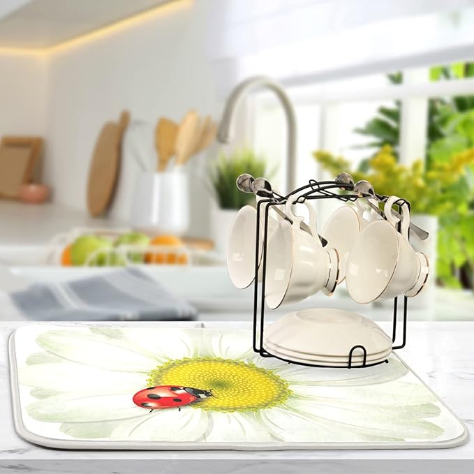 Tarity White Daisy Dish Drying Mat for Kitchen Counter Absorbent Heat Resistant Microfiber Dishes Drainer Mat 18x24 in Dish Pad Sink Mat Protective Pad Kitchen Decor