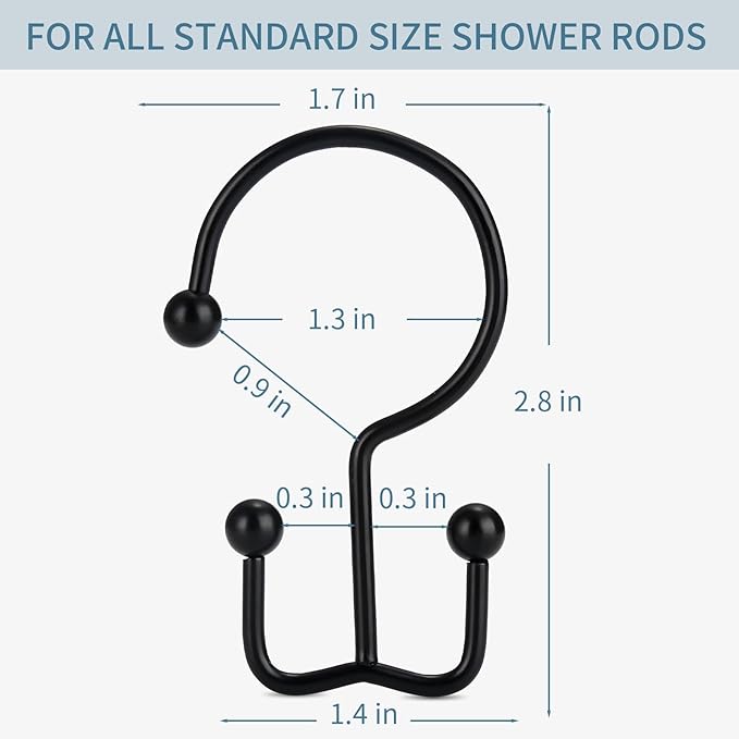 Goowin Shower Curtain Hooks, 12 Pcs Shower Curtain Rings, Durable Rust Proof Black Shower Curtain Hooks, Shower Rings for Curtain, Double Glide Shower Hooks for Shower Curtain Rods, Black