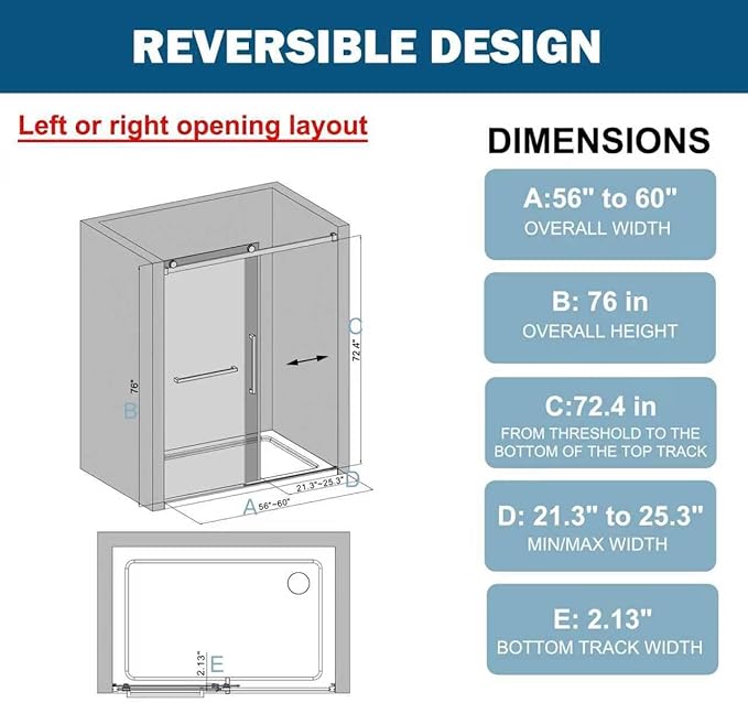 Frameless Sliding Shower Door 56–60" W x 76" H, 5/16" Tempered Glass with Dual-Sided Easy to Clean Coating, Shower Glass Door with SUS304 Stainless Steel Hardware & 20" Towel Rack, Matte Black