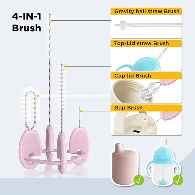 Baby Straw Brush Set, 4 Piece Cleaner Kit with Standable Key Ring, for Sippy Cups, Weighted Straw Cups & Baby Bottles – Designed for 0–24 Months, Pink