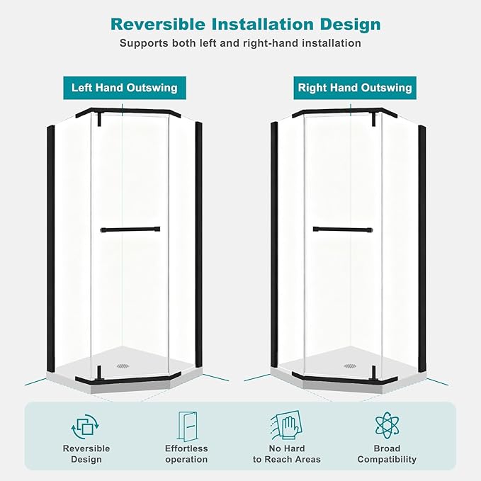36" D x 36" W x 72" H Neo-Angle Frameless Shower Door, 1/4” (6MM) SGCC Tempered Glass with Explosion-Proof Film and Nano Coating, Black Stainless Steel Frame