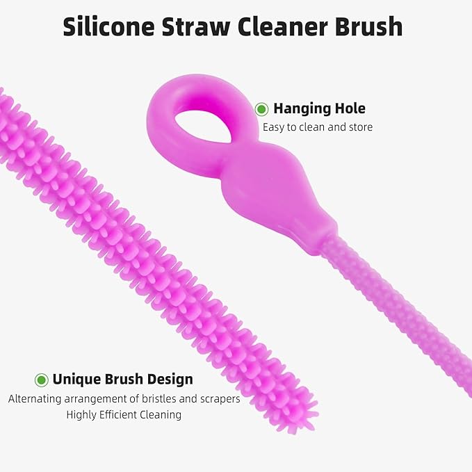 Silicone Straw Cleaner Brush, 4-Piece Reusable Straw Brush Set with Extra-Long Design for Cleaning Thin Metal Straws and Wider Milkshake Straws （6mm+9mm Purple)