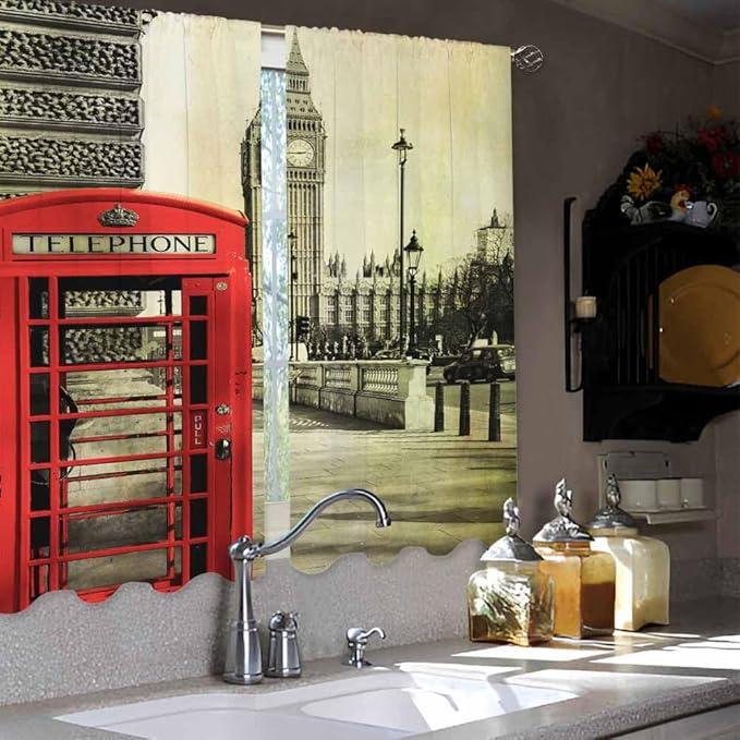 London Kitchen Curtains City Red Telephone Booth Big Ben Retro Romantic Building Short Tier Curtains for Bathroom Cafe Small Window Drapes Treatment 2 Panels (27.5x39 Inch)