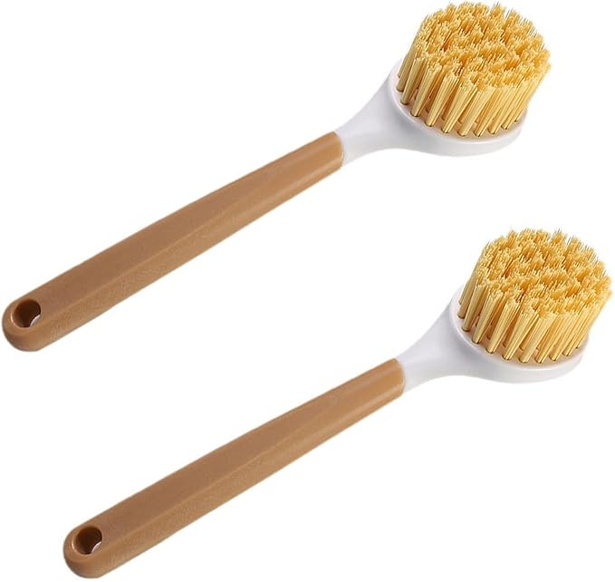Dish Brush with Built-in Scraper, Non-Slip Durable Plastic Handle Heavy Duty Scrubber for Pots and Pans, Kitchen Sink Cleaning Caked-On Food, 2 Pack