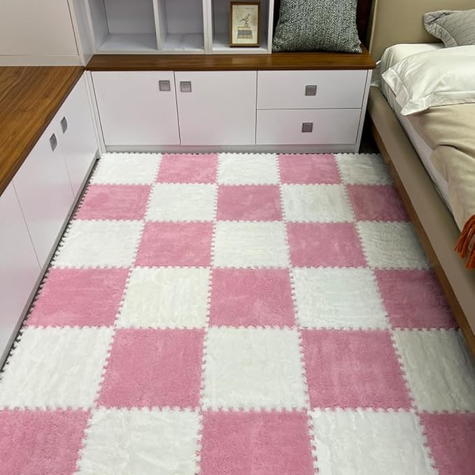 12Pcs Interlocking Carpet Tiles,12"x 12" Plush Interlocking Foam Carpet Tiles with Border,Fluffy Play Mat Floor Tiles Thick Padded Squares Foam Tiles for Playroom Decor (White+Pink)