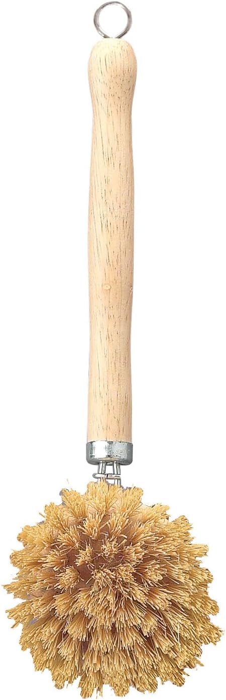 HIC Kitchen Natural Bristle Veggie and Dish Scrub Brush, Non-Scratch Natural Tampico Bristles with Wooden Handle