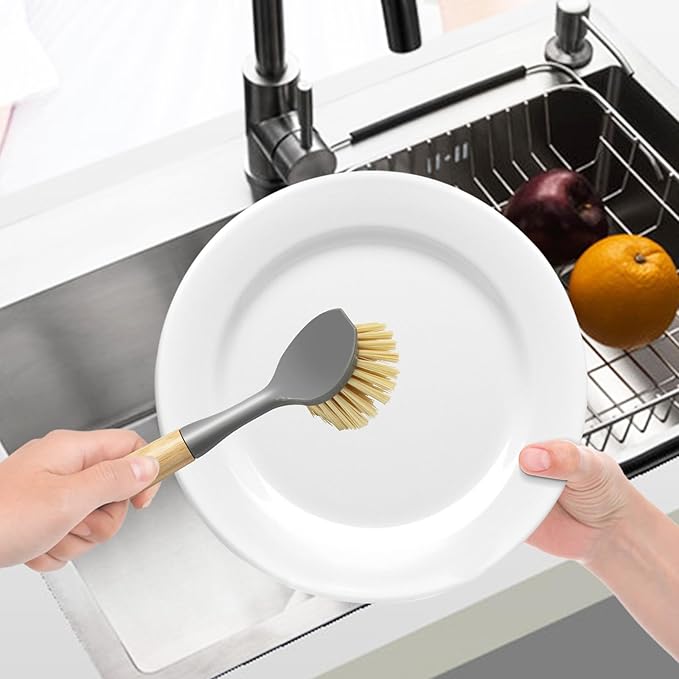 2 Pcs Kitchen Scrub Brush with Bamboo Handle, Dishwashing Brush Built-in Scraper, Dish Scrubber for Kitchen Cleaning, Pots, Pans, Sink, Counter and Cast Iron Cookware