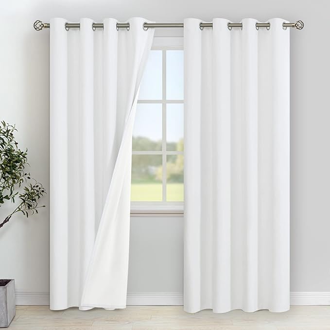 YoungsTex White Linen 100% Blackout Curtains for Bedroom 80 Inch Length, Thermal Insulated Drapes with Grommet Full Room Darkening for Winter Living Room, 2 Panels, 52 X 80 Inch